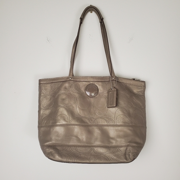 Coach Handbags - Coach Bronze C Signature Stitch Outline Leather Tote Shoulder Bag Purse